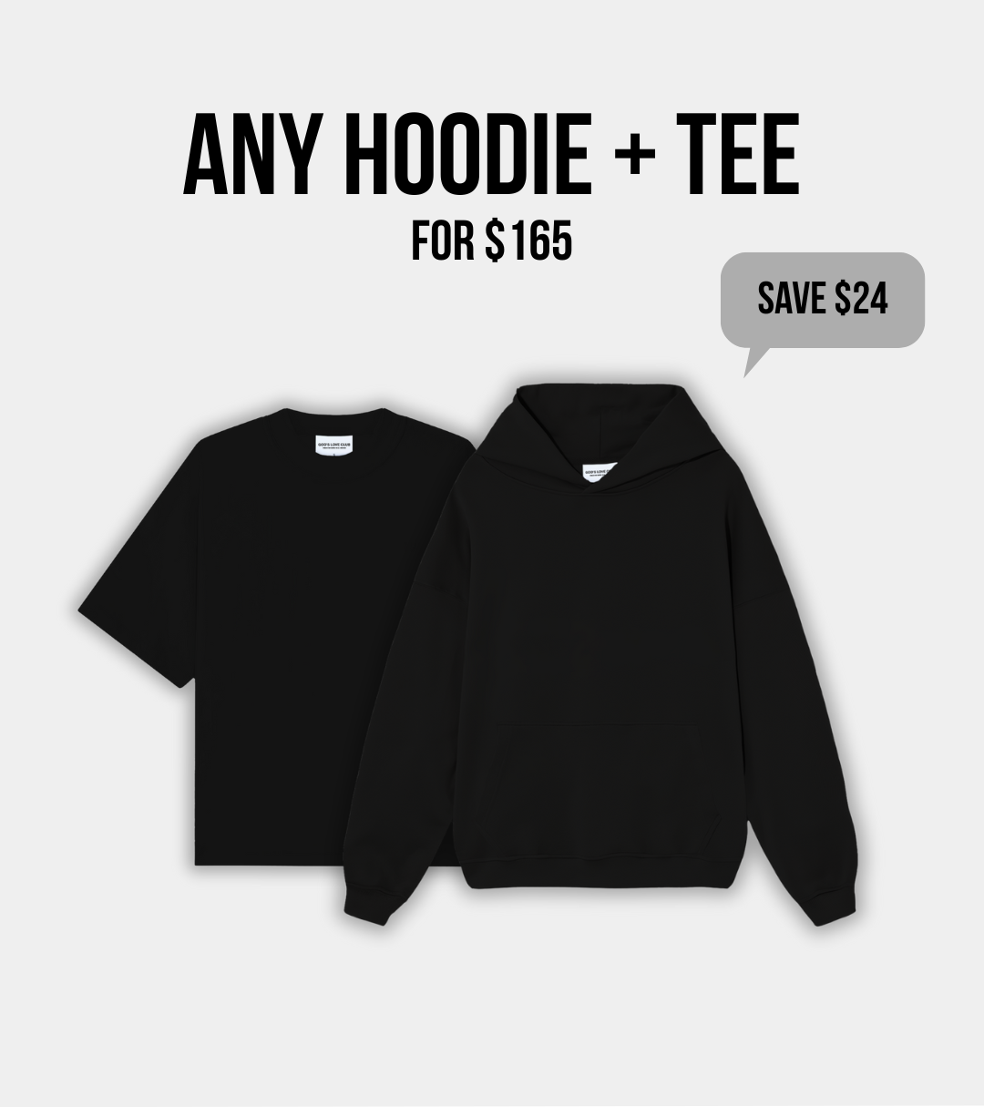 Black hoodie and t-shirt set with promotional text on a light gray background